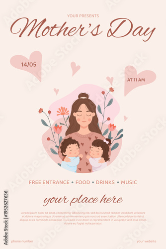 Mother’s Day event poster template featuring a cute cartoon mother hugging her daughter and son with flowers and hearts. Pastel flyer design ideal for celebrations, greeting cards, social media