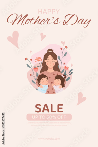 Happy mother's day vertical sale banners. A cute cartoon mother hugging her children with flowers and hearts. Pastel sale banner