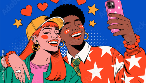 Diverse Young Women Laughing while Taking Selfie Pop Art Vector Illustration for Social Media Marketing and Youthful Branding