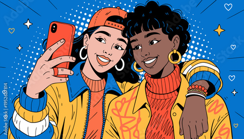 Diverse Young Women Taking Selfie Pop Art Vector Illustration for Social Media Marketing and Youth Culture Branding