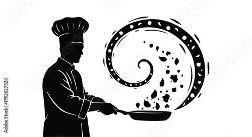 Chef silhouette tosses fresh ingredients into a frying pan with a spiral motion.