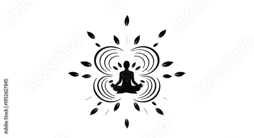 Meditator silhouette sits in a peaceful lotus pose surrounded by organic leaves.