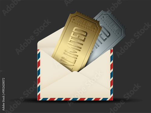 Premium gold and silver tickets labeled unlimited emerge from an airmail envelope. These exclusive unlimited event tickets represent luxury access and invitation via airmail envelope.