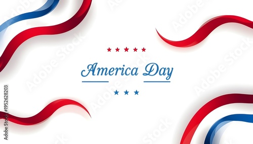 A patriotic graphic design celebrating America Day with red, white, and blue colors and ribbons.