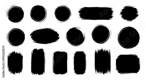 diverse collection of black brush strokes and grunge textures creating versatile graphic design elements frames and abstract shapes.