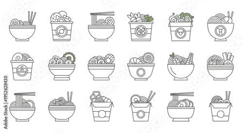ramen noodle dishes vector icons collection depicting asian cuisine in bowls cups and takeout boxes ideal for restaurant menus.
