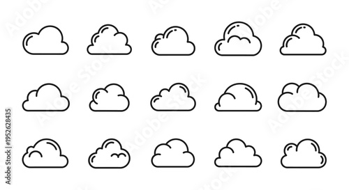simple outline cloud icons and symbols in various styles perfect for weather apps ui ux design and digital graphics.