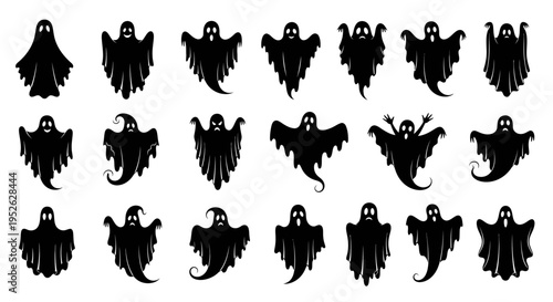 spooky halloween ghost silhouettes collection with varied expressions for design and party invitations.
