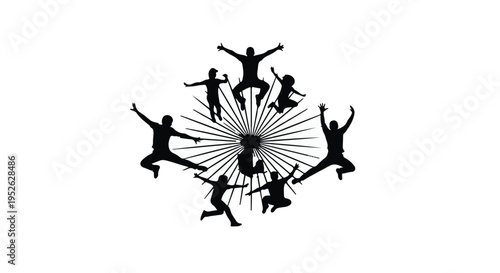 People jumping with joy create a dynamic silhouette formation around a central starburst.