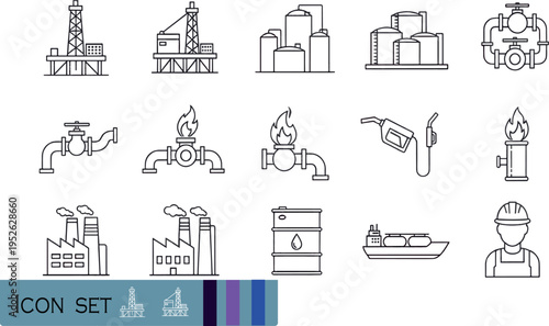 Print Industrial Oil and Gas Industry Icon Set Featuring Offshore Drilling Rigs Petroleum Refineries Fuel Pipelines and Natural Gas Production Symbols for Energy Sector Design