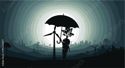 Carrot character holds an umbrella while standing near a wind turbine at sunset.