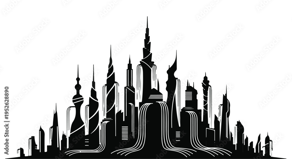 Naklejka premium Cityscape silhouette features modern skyscrapers against a clean white background.