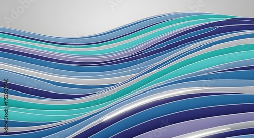 Abstract flowing wave pattern of blue and teal stripes against a light grey background