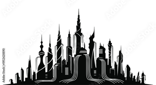 Cityscape silhouette features modern skyscrapers against a clean white background.