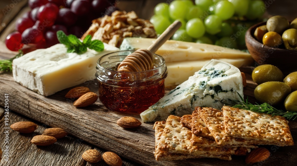 Fototapeta premium Warm cheese platter with assorted cheeses, crackers, and fruit