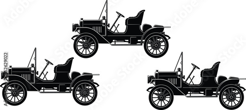 Vintage antique car silhouette set, classic retro horseless carriage graphics, old fashioned automotive transport vector icons, brass era automobile side view.