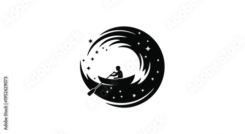 Person rows a boat through a swirling night sky filled with bright stars.