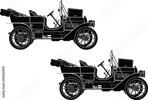 Vintage antique car silhouette vector illustration, retro horseless carriage automotive icon, classic old timer vehicle graphic, historical transport black white.