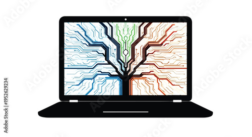 Laptop displaying a digital circuit tree represents modern network technology.