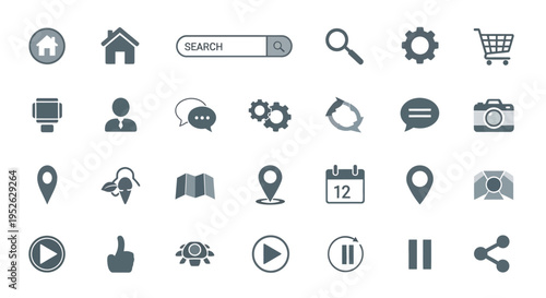 Collection of gray vector icons representing website and app functionality