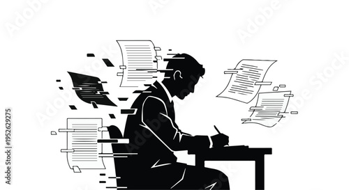 Businessman works at a desk while surrounded by floating digital documents.