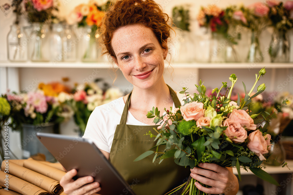 Fototapeta premium Female florist holding bouquet and tablet in a bright, busy flower shop.