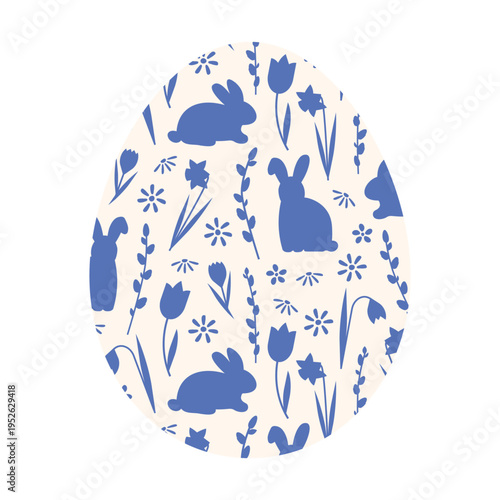 Easter egg with rabbits, pussy willow twigs and spring flowers pattern, traditional holiday ornament, decorative seasonal design- vector illustration