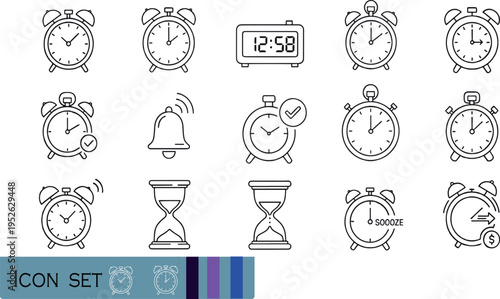 Print Comprehensive Time Management and Productivity Icon Set Featuring Alarm Clocks Digital Timers Hourglasses and Notification Symbols for Schedule Planning and Efficiency Design