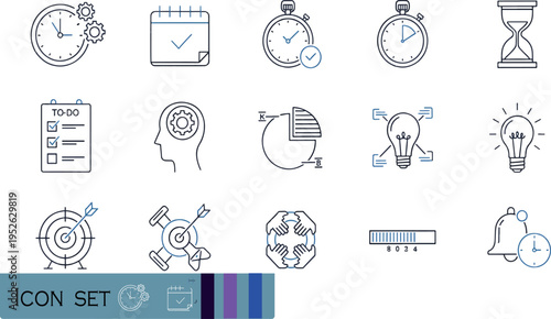 Print Minimalist Time Management and Productivity Icon Set Featuring Stopwatches Calendars Goal Targets and Strategic Planning Symbols for Business and Efficiency Design