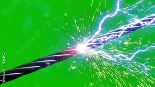 Intense electrical short circuit event as two power cables make contact, creating a bright flash, sparks, and an electrifying arc on green