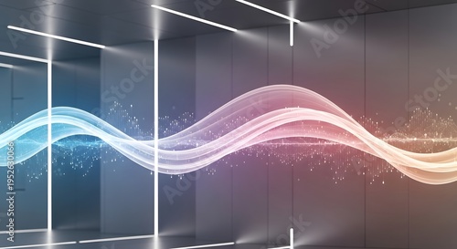 Abstract wavy light stream transitioning from blue to pink in a modern clean interior space