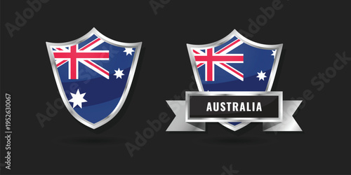 Glossy silver shield emblems featuring the national flag of Australia. Includes a version with a banner and the country name. Perfect for sports, security, and patriotic Aussie designs