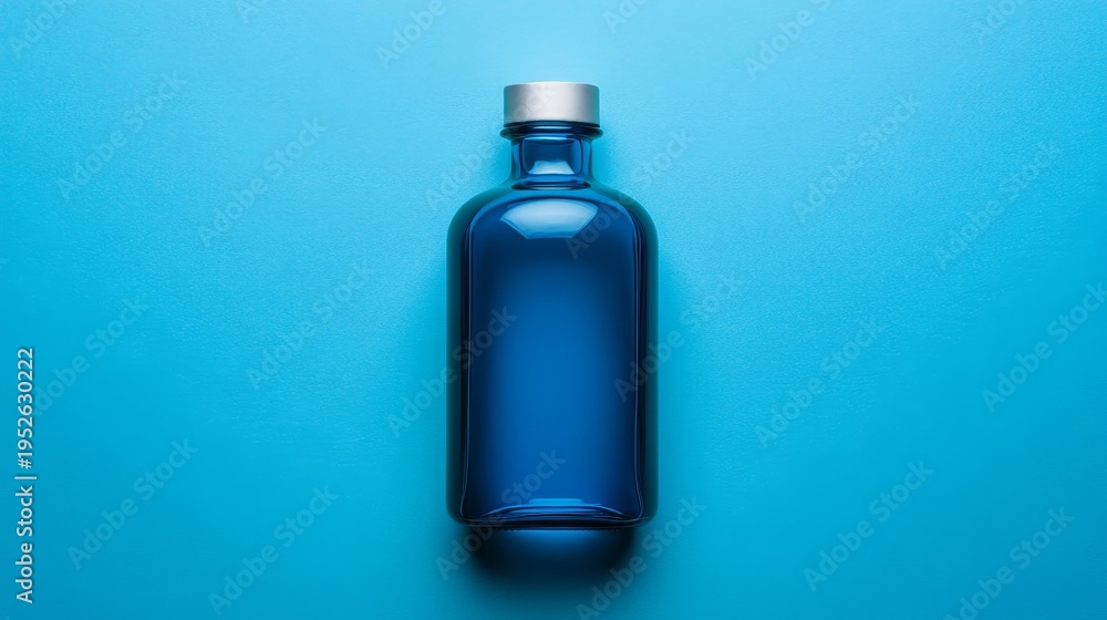 Fototapeta premium A sleek blue glass bottle with a silver cap lies centrally on a vibrant blue background. Minimalistic design
