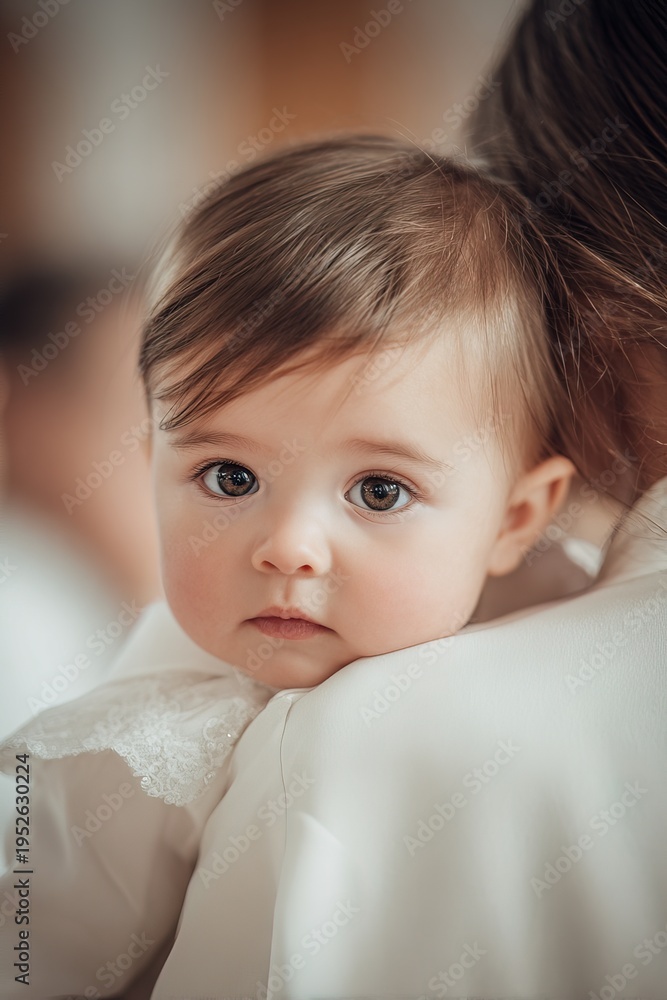 Obraz premium A baby is held by a caregiver during a baptism ceremony. The child wears a white christening gown and has big, curious eyes. The background shows other participants in the church