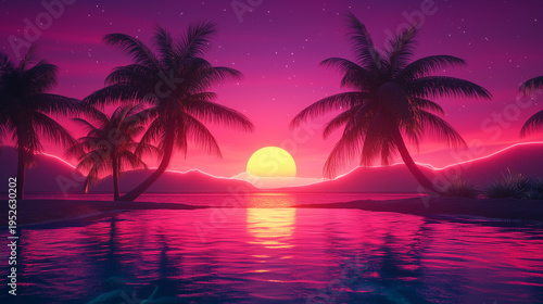 Retro synthwave sunset landscape with palm trees and neon mountains reflected in water