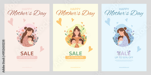 A set of Happy mother's day vertical sale banners. A cute cartoon mother hugging her children with flowers and hearts. Pastel sale banner