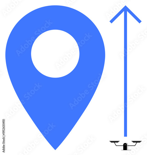Navigation, location tracking, surveillance, wayfinding, security monitoring, positioning. Blue location pin, upward arrow small surveillance camera icon. Navigation and location tracking
