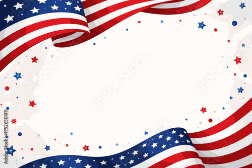 USA 250th Anniversary Patriotic Background with Waving American Flag Banners, Stars, and Confetti. Vibrant Festive Design for Independence Day, July 4th, Memorial Day, and National Celebrations.