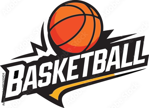 Dynamic basketball logo design with orange ball and motion effects., Modern basketball sport emblem with stylized text and energetic trails.