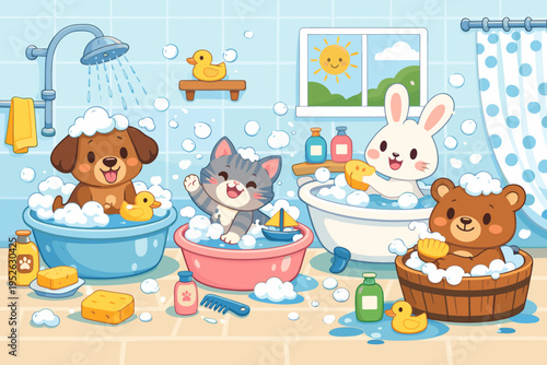 Cute Cartoon Animals Bathing Illustration with a Dog, Cat, Rabbit, and Bear in a Bathroom Filled with Bubbles, Rubber Ducks, and Soap. Fun Washing Time Vector Background for Kids and Nursery.
