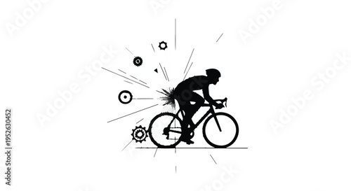 Cyclist riding a bicycle creates mechanical energy with gears and spinning parts.
