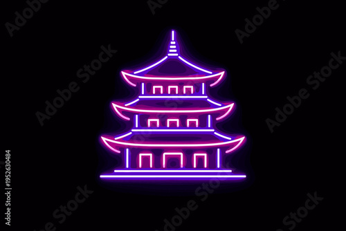 Vibrant Neon Pagoda Icon with Three Tiered Roofs in Glowing Purple and Pink Lines, Traditional Asian Temple Architecture Vector Illustration Isolated on Black Background for Modern Design.