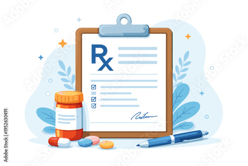 Medical Prescription Clipboard with Rx Symbol, Orange Medicine Bottle, Colorful Pills, and Blue Pen. Flat Vector Illustration for Healthcare, Pharmacy, and Doctor's Appointment Concepts.