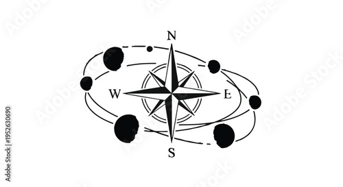 Compass rose navigates through orbiting planets in a celestial star map design.