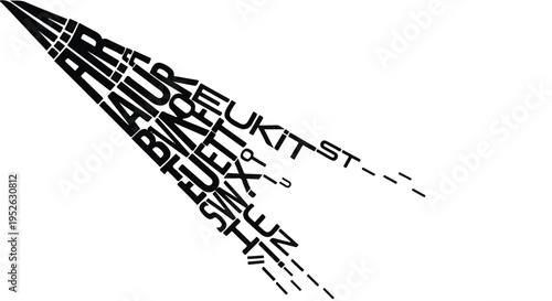 Rocket ship composed of various typography elements flies through the dark void.