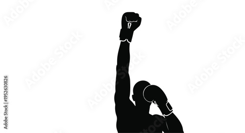 Silhouette of a boxer raising their gloved hand in victory celebration after a boxing match
