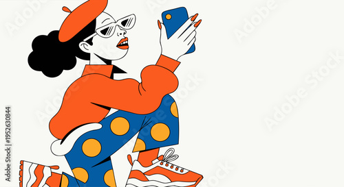 Trendy Fashionable Woman Taking Selfie with Smartphone, Stylish Influencer Lifestyle in Retro Pop Art Vector Illustration for Social Media and Marketing