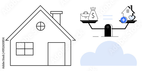 Real estate concept. Real estate with a house, balance scale showing money and property value, and cloud background. Real estate finance, home valuation, investments, property market, housing loans