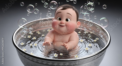 Adorable cartoon baby enjoying a bubbly bath with floating flowers in a decorative basin