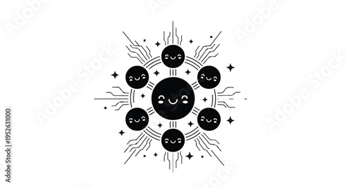 Sun symbol features smiling faces radiating happiness and positive energy vibes.